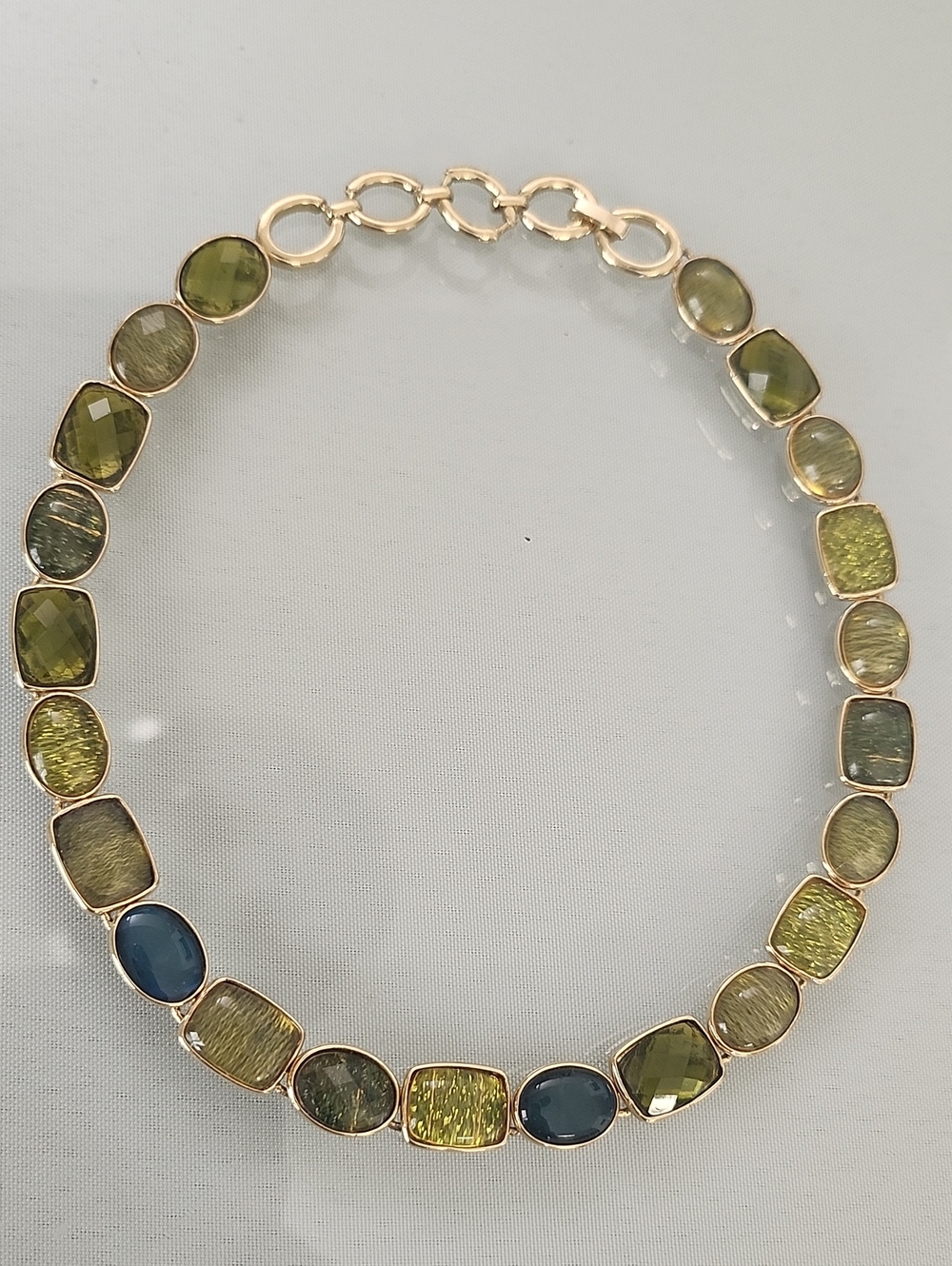 Gold-Plated Multi-Stone Necklace with Olive Green and Slate Blue Stones